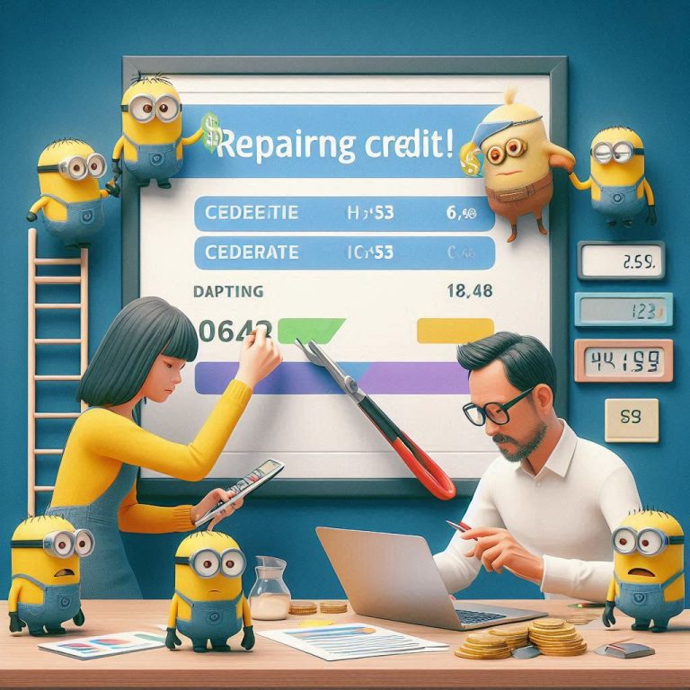 Cartoon scene of people repairing a credit score dashboard, adjusting numbers and improving financial health with tools and data charts