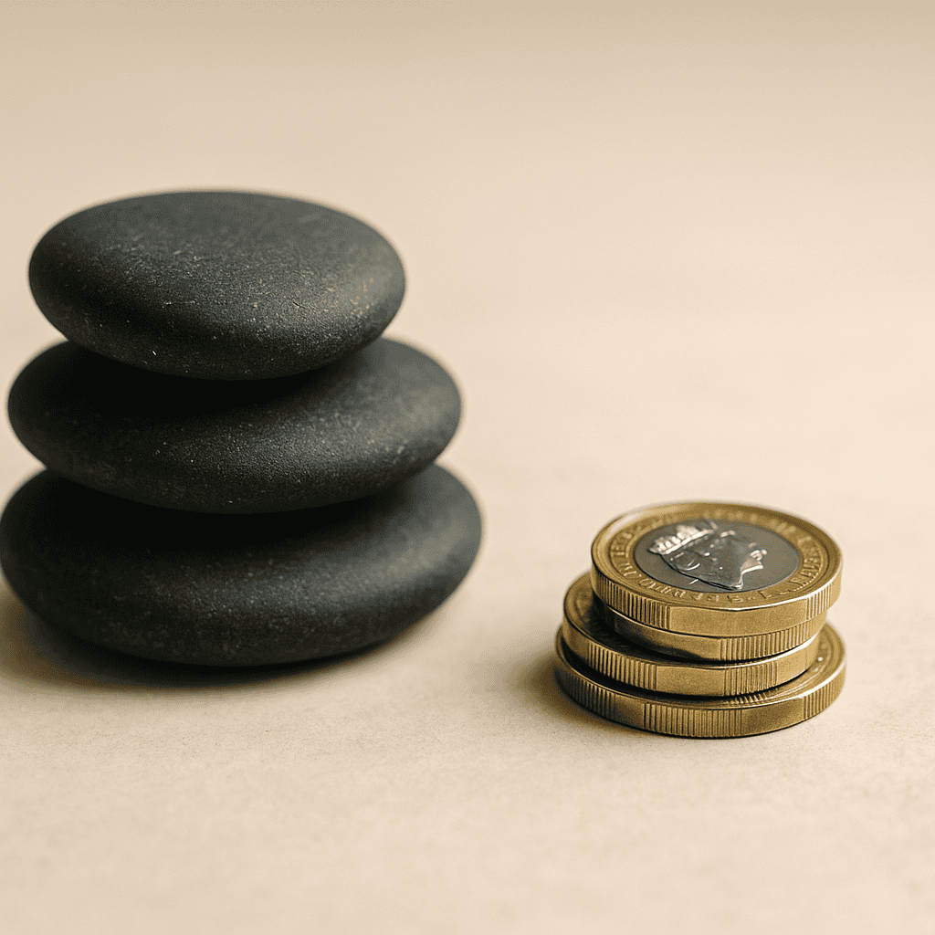 Three smooth black zen stones stacked on the left and three stacked British one-pound coins on the right, placed on a neutral beige surface, symbolising balance between mindfulness and money