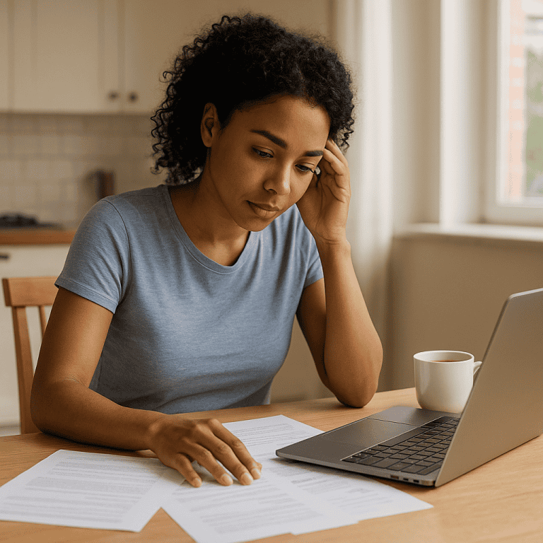 Young adult reviewing finances at home after a loan rejection, planning next steps.