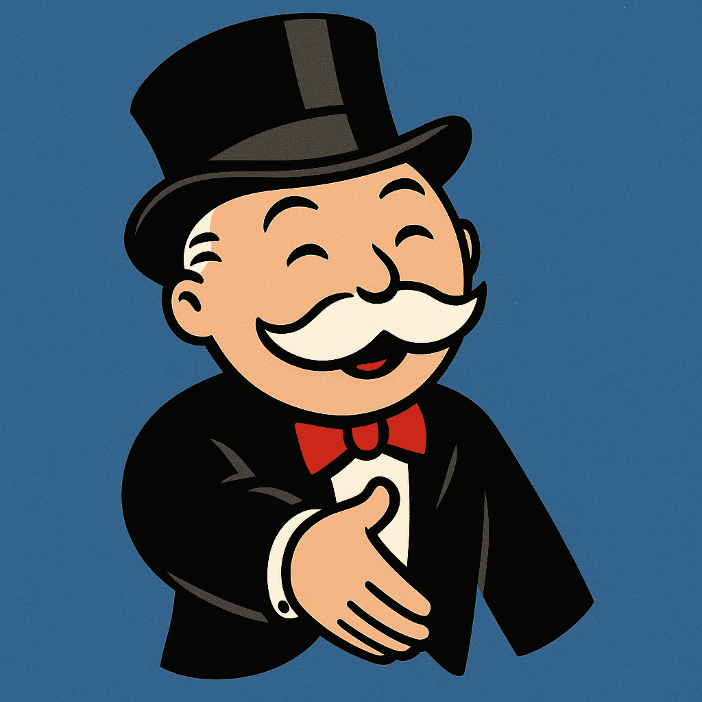 Illustration of a smiling Monopoly-style banker holding a briefcase of cash, symbolising how banks profit from customers, used to accompany the blog article “Why Your Bank Isn’t Your Friend.”