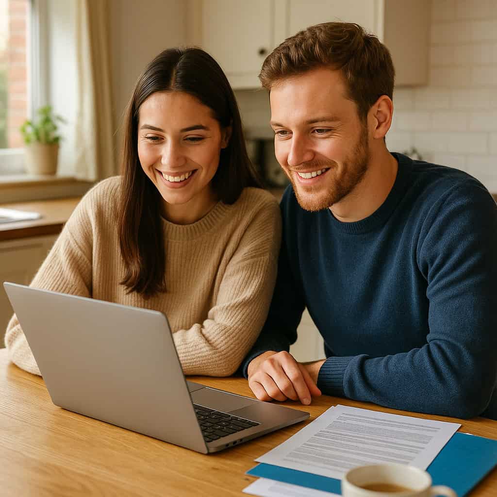 Couple smiling while using a laptop, reviewing loan application process at home, with documents and a coffee cup on the table.