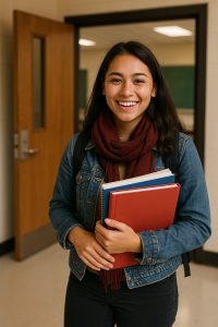 A smiling UK student wearing a denim jacket and burgundy scarf stands in a college hallway holding folders and a backpack, ready to enter class. In the back of her mind she's thinking about how uk students can minimise debt.
