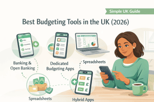 a woman holding her mobile phone looking for a budgeting app