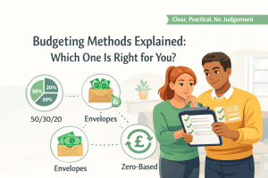 a couple holding a note pad choosing a suitable budgeting method