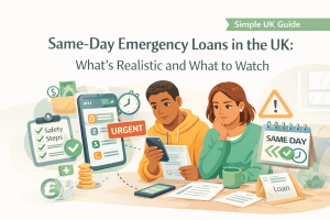 Illustration of a couple reviewing same-day emergency loans in the UK with options on a smartphone, with UK pound symbols, urgent alerts and safety checklist icons around them.
