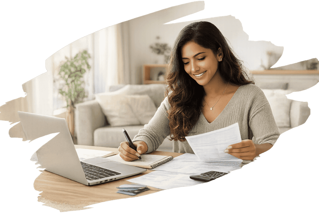 Woman reviewing financial documents at a desk with a laptop and calculator, smiling while considering debt consolidation options.