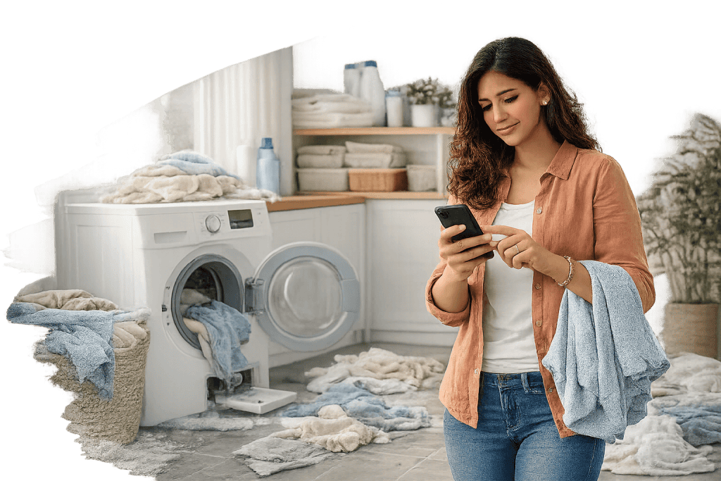 Woman in casual attire using smartphone while managing laundry in a modern home setting with a washing machine and piles of towels.
