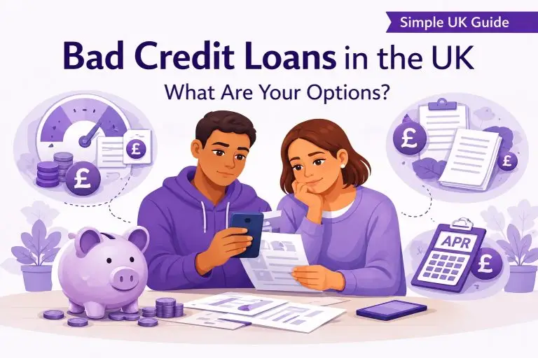 British couple reading their guide to bad credit loans while exploring bad credit loan options in the UK, comparing borrowing choices, affordability and loan costs.