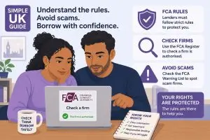 British couple checking FCA authorisation and scam warnings online while researching bad credit loans and consumer protections.