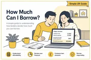 British couple reviewing their budget and calculating how much they can afford to borrow. They are asking the question, how much can I borrow?