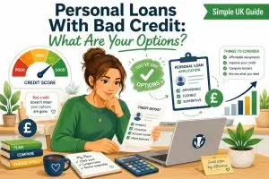 Young woman reviewing a credit report and comparing personal loan with bad credit options in a Simple UK Guide illustration.