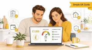 British couple reviewing their credit score and affordability for a £1,000 loan application. They are asking 'what score do I need for a £1000 loan?'