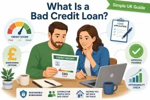 British couple reviewing a credit report and exploring bad credit loan options in a Simple UK Guide illustration about what is a bad credit loan.