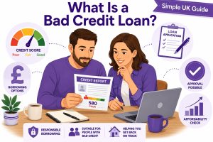 British couple reviewing a credit report and exploring bad credit loan options in a Simple UK Guide illustration about what is a bad credit loan.