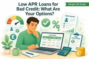 Borrower comparing low APR loan options while reviewing their credit report in a Simple UK Guide illustration.
