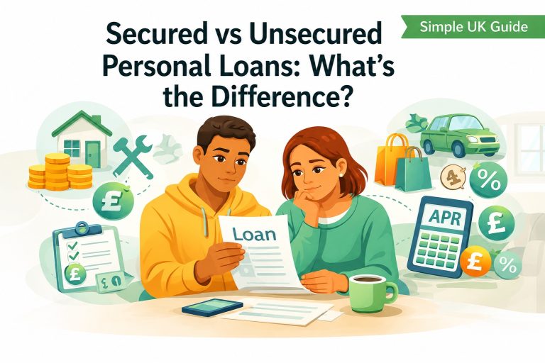 Illustration comparing secured and unsecured personal loans, showing borrowers reviewing loan options alongside property, APR and borrowing symbols.