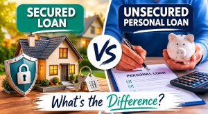 Comparison of secured vs unsecured personal loans showing a house and shield versus a personal loan application form.
