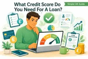Person checking a credit score gauge while applying for a loan in a simple UK credit guide illustration. He wants to understand what credit score he needs to apply for a loan.