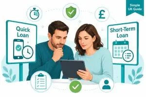 British couple comparing quick loans vs short-term loans to understand the differences before applying.